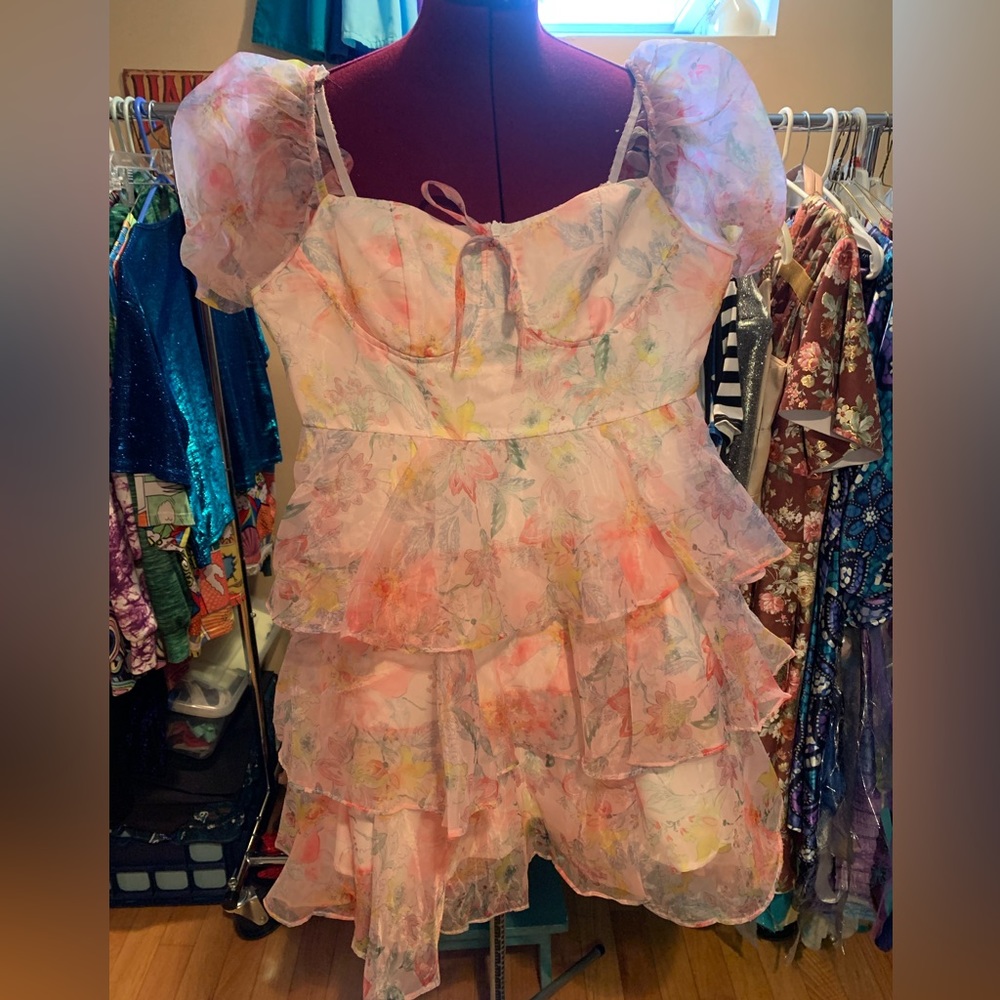 Pale pink floral organza mini dress with puff sleeves & 3 tiered ruffled skirt